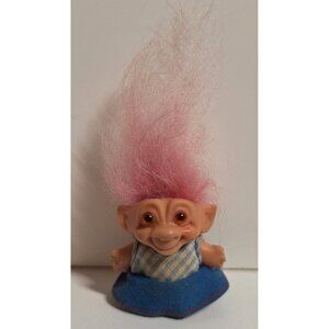 1964 SHE Troll Doll Pink Hair 1.5" Blue Dress DAM Amber Eyes Vintage
